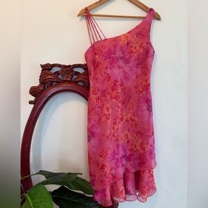 Vintage Scarlett Pink Floral Ruffle Hem Asymmetrical Midi Dress